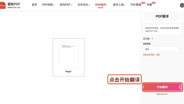 PDF翻译确认设置后开始处理真实中文页面图