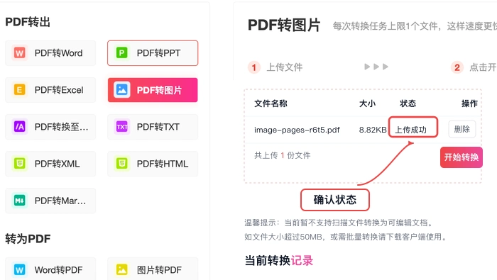 PDF.cn PDF转图片页面显示文件上传成功的真实步骤图