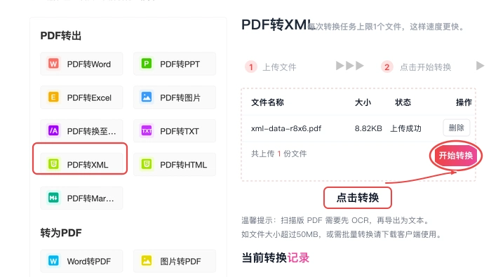 PDF转XML确认设置后开始处理真实中文页面图