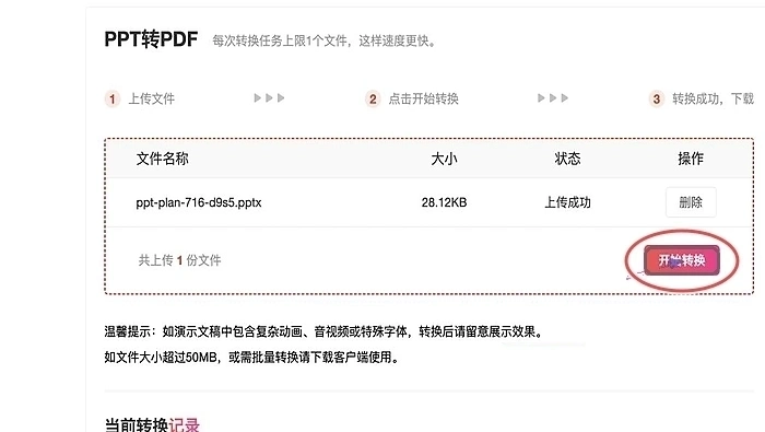PDF.cn PPT转PDF页面点击开始转换的真实步骤图