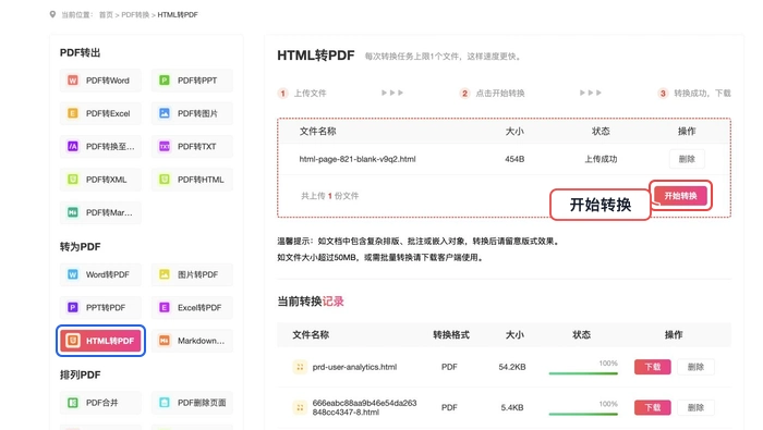 PDF.cn HTML转PDF页面点击开始转换的真实步骤图