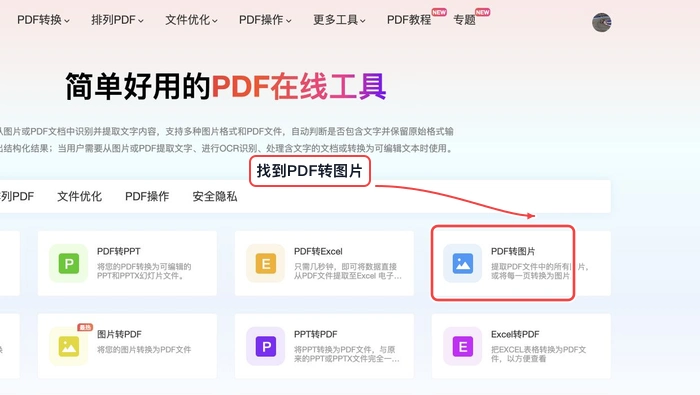 PDF.cn 首页找到PDF转图片入口的真实步骤图