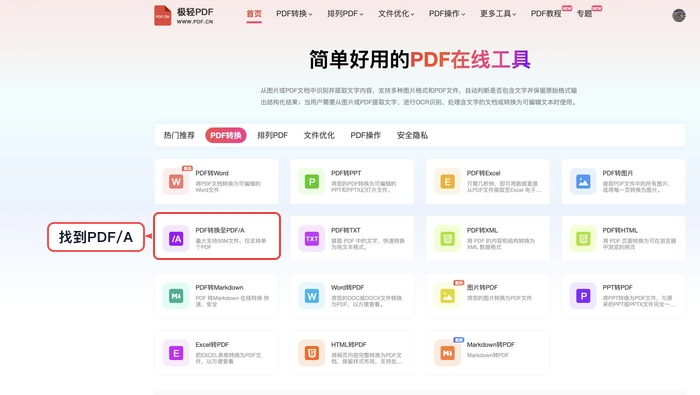 PDF转PDF/A找到对应工具入口真实中文页面图