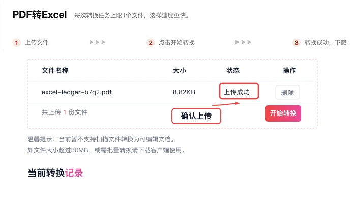 PDF.cn PDF转Excel页面显示文件上传成功的真实步骤图