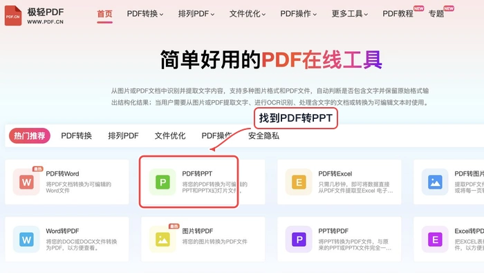 PDF.cn 首页找到PDF转PPT入口的真实步骤图
