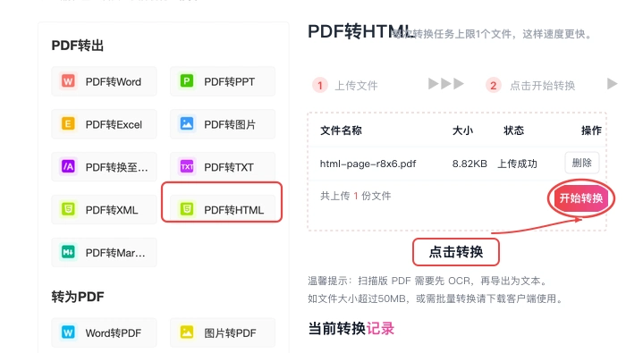 PDF转HTML确认设置后开始处理真实中文页面图