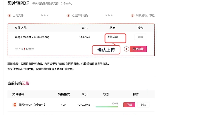 PDF.cn 图片转PDF页面显示文件上传成功的真实步骤图