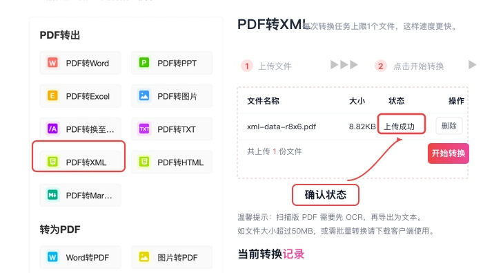 PDF转XML核对文件状态和名称真实中文页面图