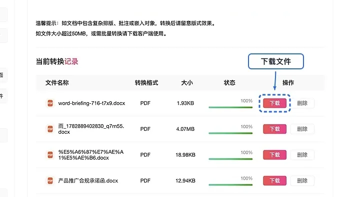 PDF.cn Word转PDF完成后下载PDF