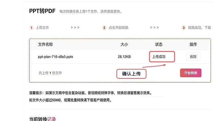PDF.cn PPT转PDF页面显示文件上传成功的真实步骤图
