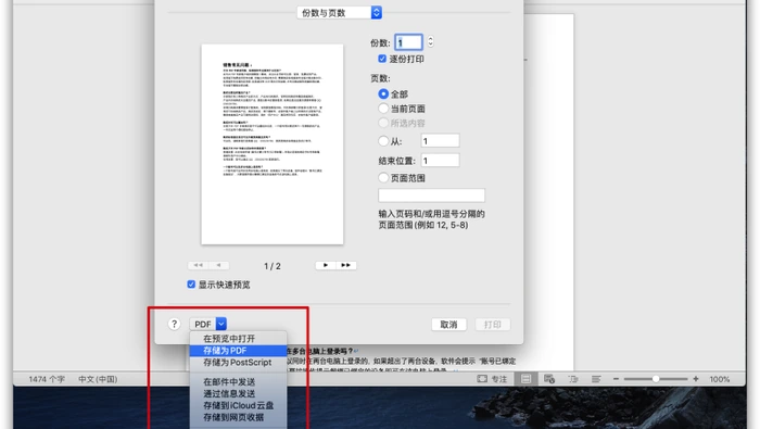 macOS版Word打印窗口选择存储为PDF