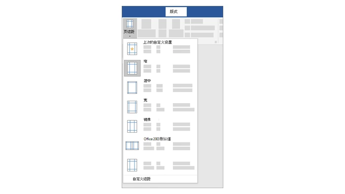 Word 布局中的页边距菜单