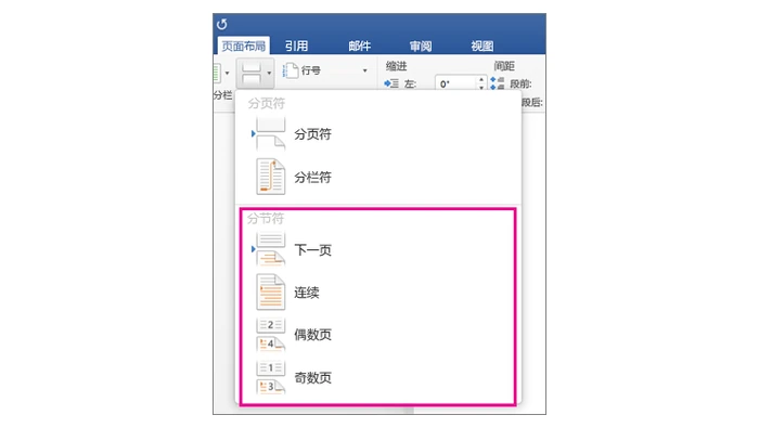 Word 页面布局中的分节符菜单